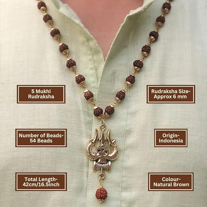 Gold Plated OM Shiva Trishool Rudraksha Necklace 54 Beads