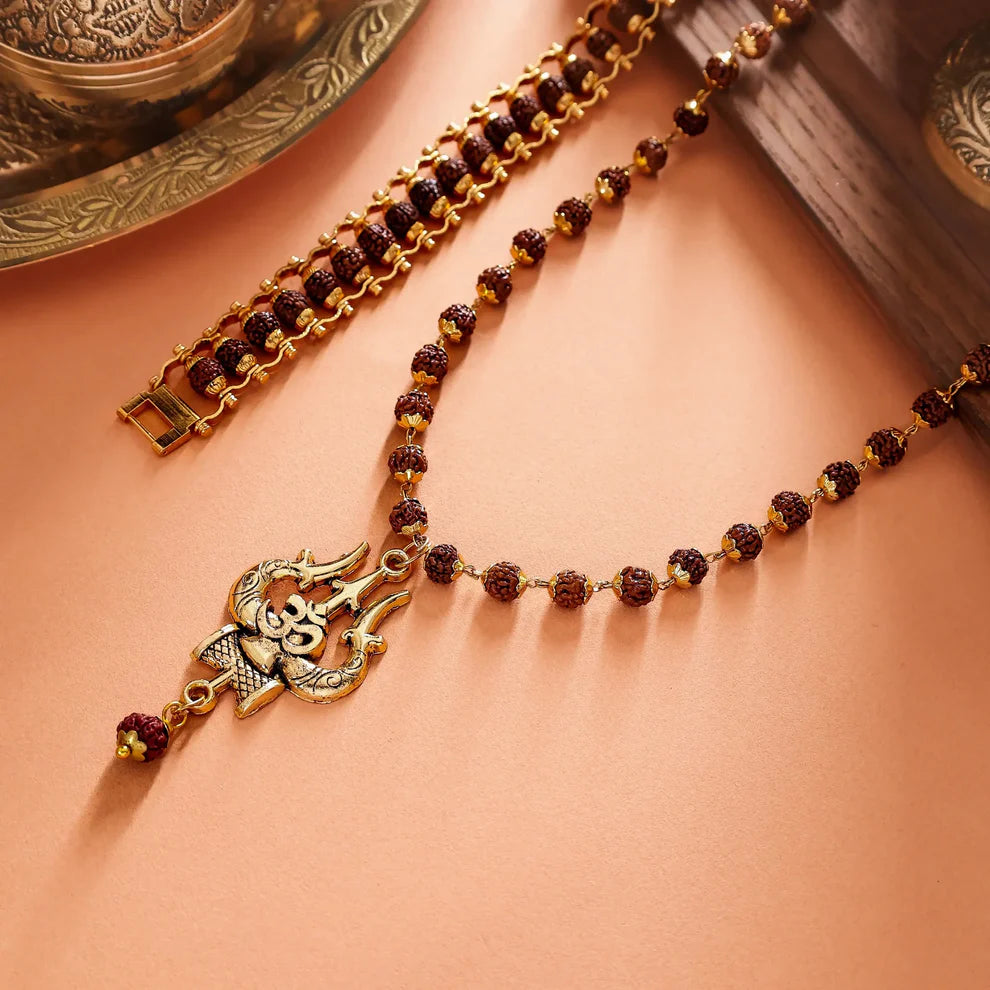 Gold Plated OM Shiva Trishool Rudraksha Necklace And Bracelet Combo