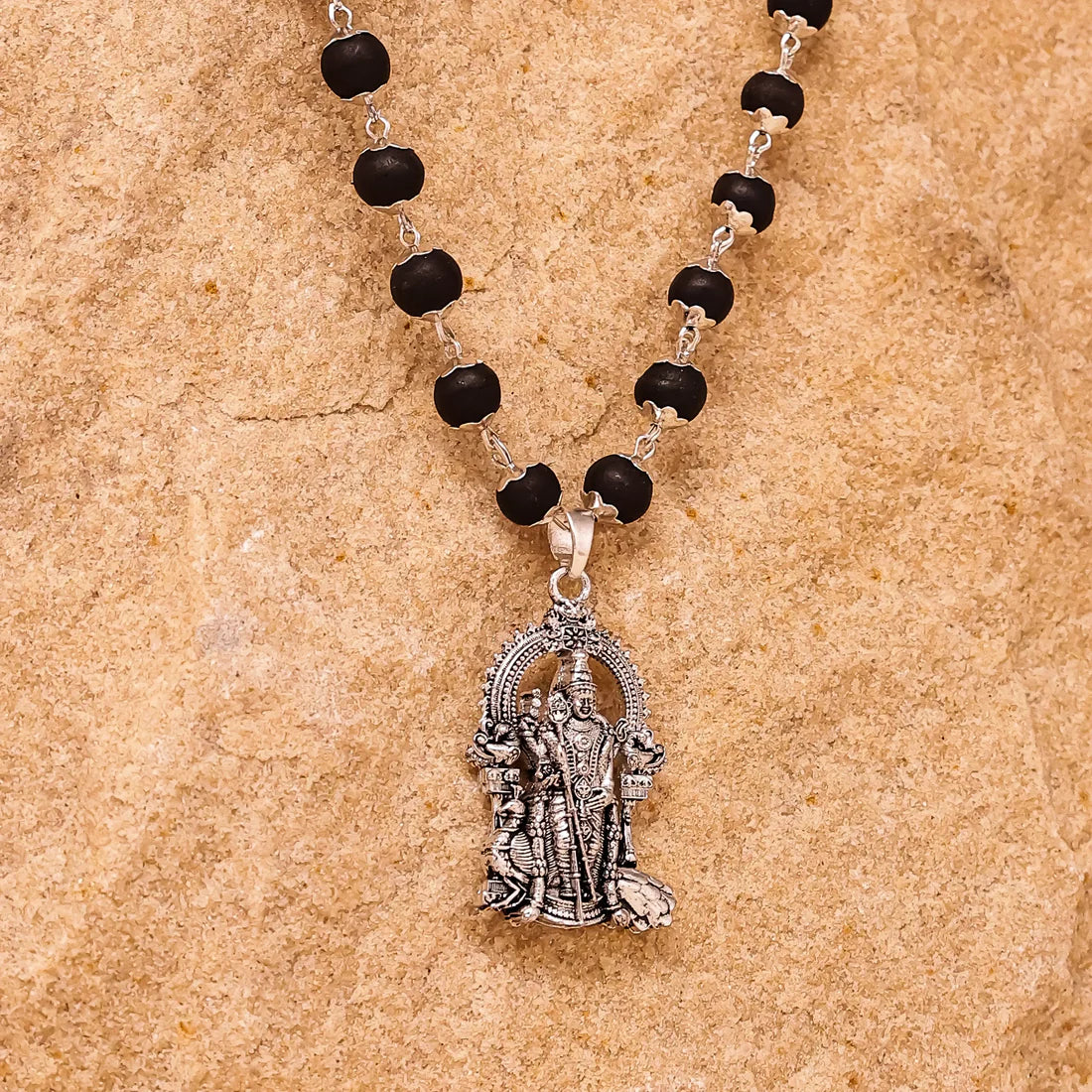 Silver Capped Karungali Mala With Lord Murugan Pendant
